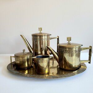 Vintage Art Deco brass 5 pieces coffee/tea set on tray.